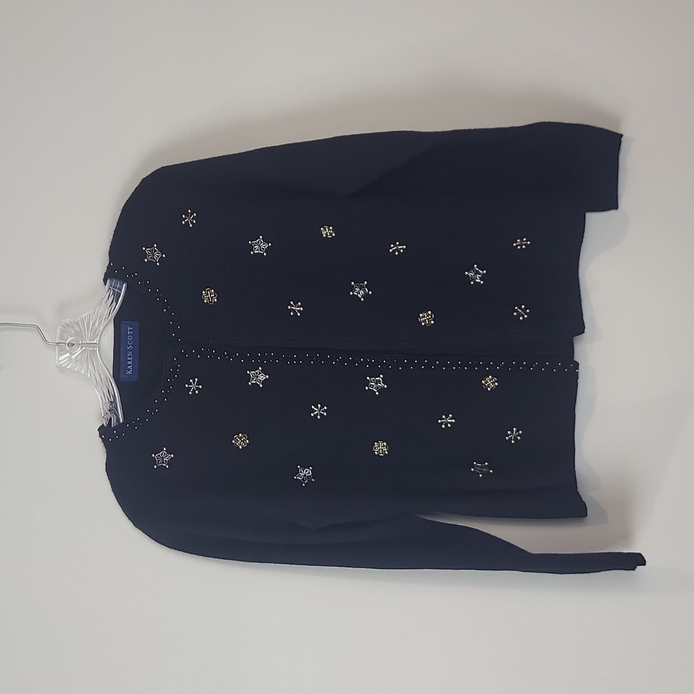 KAREN SCOTT Vtg Black Wool Blend Beaded Snowflake Holiday Cardigan Sweater